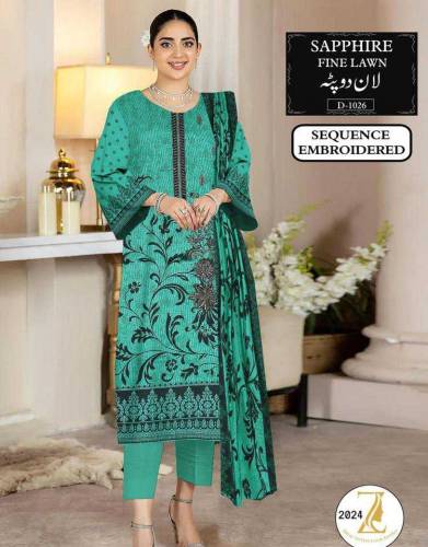3 pcs woman's unstitched lawn sequins embroidered suits 