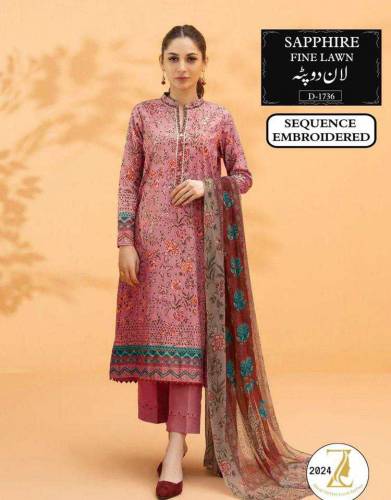 3 pcs woman's unstitched lawn sequins embroidered suits 