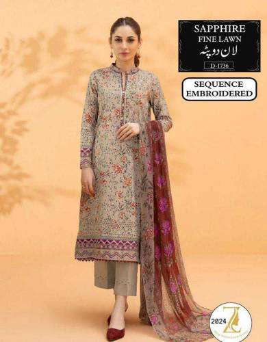 3 pcs woman's unstitched lawn sequins embroidered suits 
