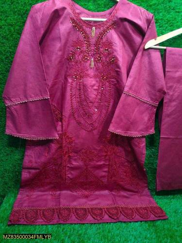 2 Pcs Women's Stitched CottonEmbroidered Shirt And Trouser