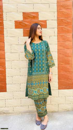 2 Pcs Women's Stitched Linen Printed Suit 
