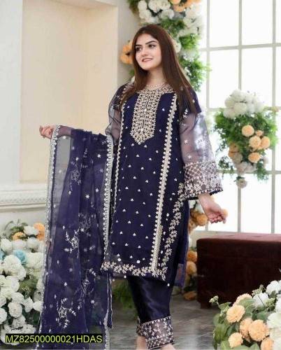 3 pcs women stitehd organza embroidered suit