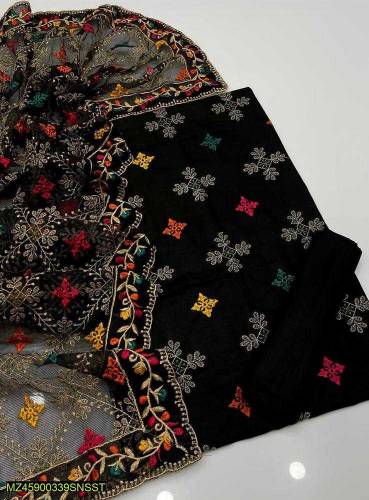 3 Pcs Women's Unstitched Fancy Khaadi Net Embroidery Suit (COD Availab