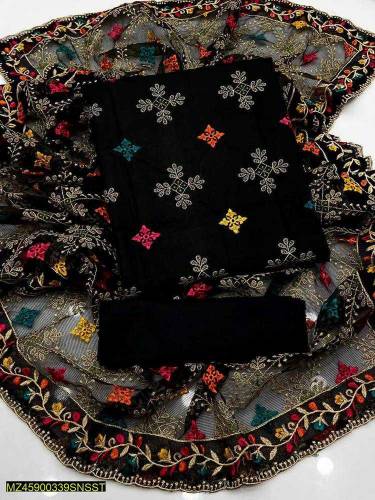 3 Pcs Women's Unstitched Fancy Khaadi Net Embroidery Suit (COD Availab