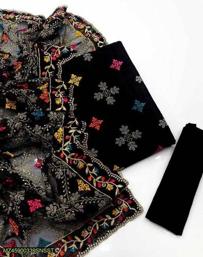 3 Pcs Women's Unstitched Fancy Khaadi Net Embroidery Suit (COD Availab