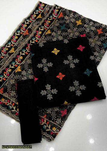 3 Pcs Women's Unstitched Fancy Khaadi Net Embroidery Suit (COD Availab