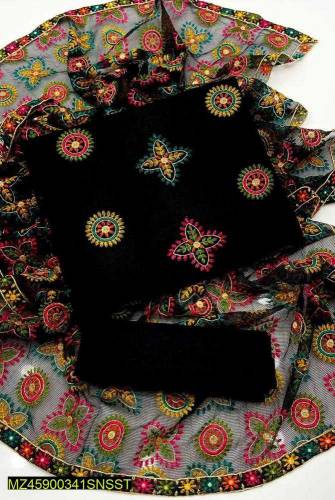 3 Pcs Women's Unstitched Fancy Khaadi Net Embroidery Suit (COD Availab