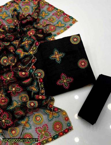3 Pcs Women's Unstitched Fancy Khaadi Net Embroidery Suit (COD Availab