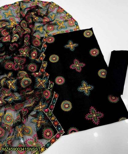 3 Pcs Women's Unstitched Fancy Khaadi Net Embroidery Suit (COD Availab