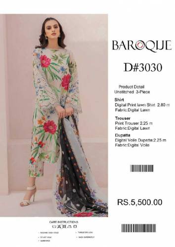 *BAROQUE DIGITAL PRINT LAWN ALLOVER 3Pc**