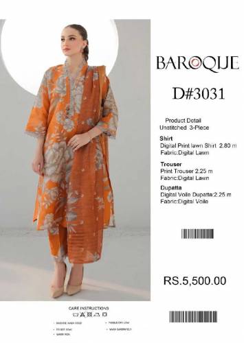 *BAROQUE DIGITAL PRINT LAWN ALLOVER 3Pc**