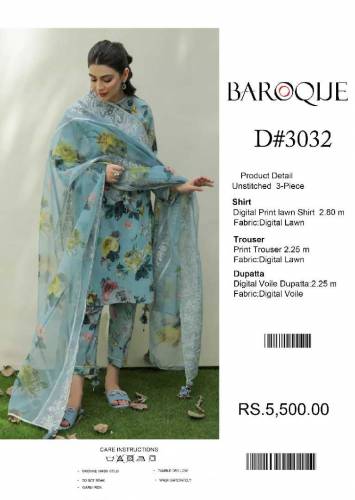 *BAROQUE DIGITAL PRINT LAWN ALLOVER 3Pc**