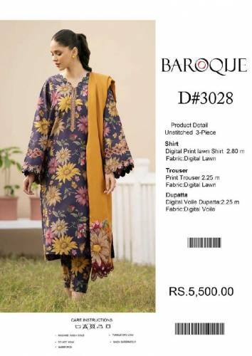 *BAROQUE DIGITAL PRINT LAWN ALLOVER 3Pc**