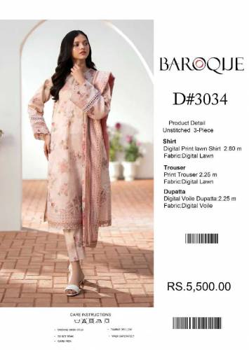 *BAROQUE DIGITAL PRINT LAWN ALLOVER 3Pc**