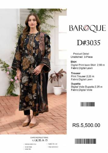 *BAROQUE DIGITAL PRINT LAWN ALLOVER 3Pc**