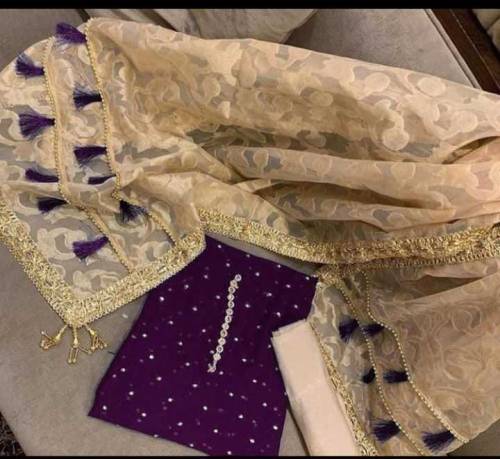 3 Pcs Women's Unstitched Chiffon Stone Handwork Suit