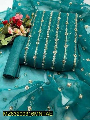 3 pcs woman's unstitched Organza embroidered suit 