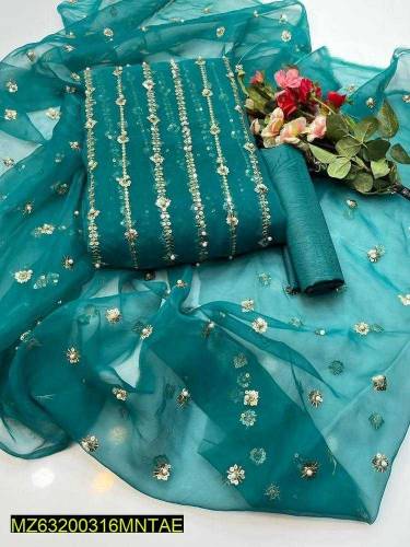 3 pcs woman's unstitched Organza embroidered suit 
