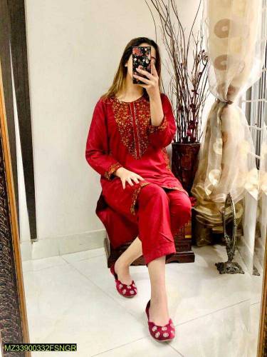 2 pcs Women•  Fabric: Linen•  Pattern: Embroidered suit 