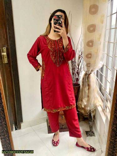 2 pcs Women•  Fabric: Linen•  Pattern: Embroidered suit 