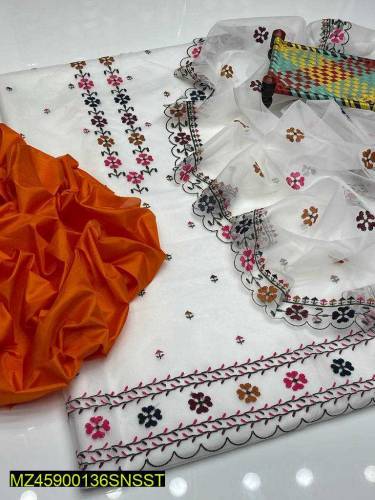 3 PCs woman unstitched organza embroidered suit