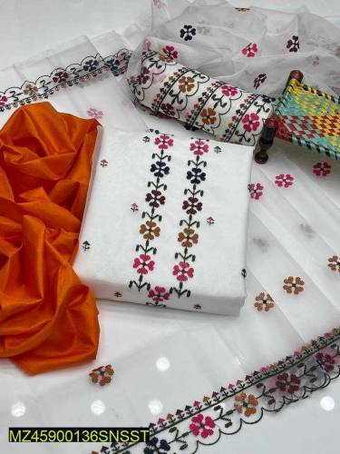 3 PCs woman unstitched organza embroidered suit