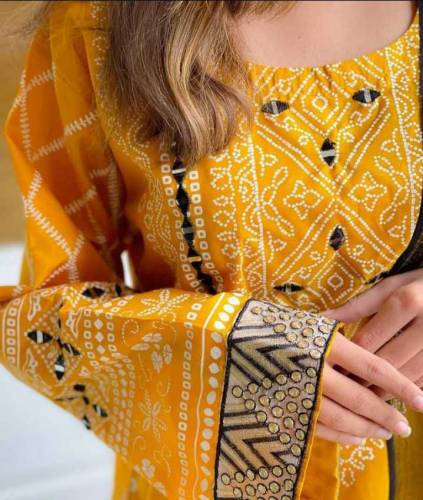  3 Pcs Women's Stitched Katan Silk Mirror Work Suit