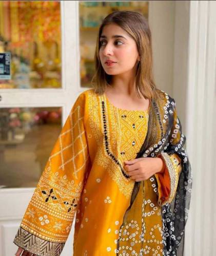  3 Pcs Women's Stitched Katan Silk Mirror Work Suit
