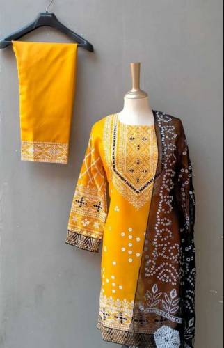  3 Pcs Women's Stitched Katan Silk Mirror Work Suit