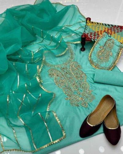 3pcs Women's Unstitched Organza Embroidered suit With Khussa Free 