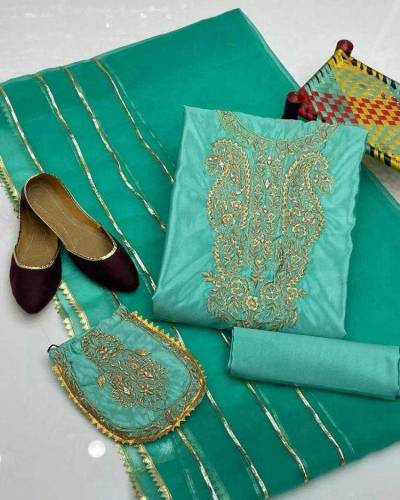 3pcs Women's Unstitched Organza Embroidered suit With Khussa Free 