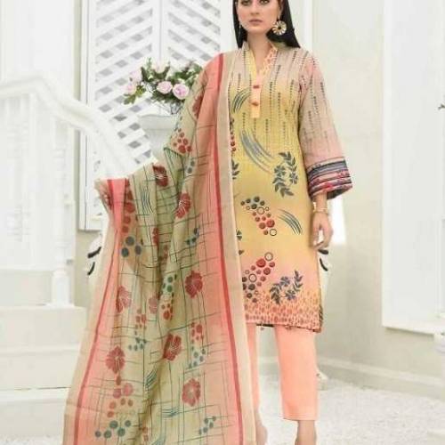 3 Pcs Women's Unstitched Lawn Printed Suit 