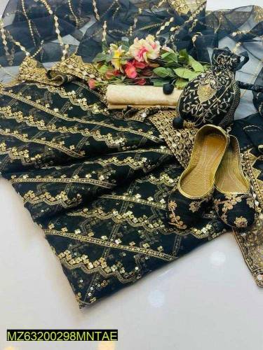 3 pcs woman's unstitched fancy organza Mirror-Work embroidered suit