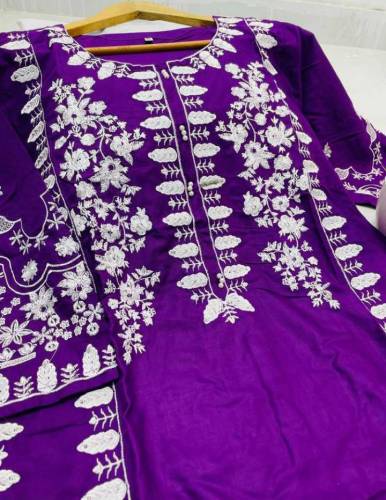 Women 2Pc Linen Stitched Embroidered Shirt & Trouser.