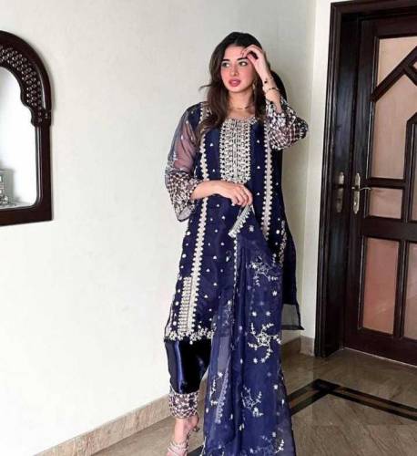 Women 3Pc Organza Embroidered Suit.