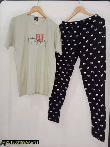  2 Pcs Women's Stitched Jersey Printed Sleepwear