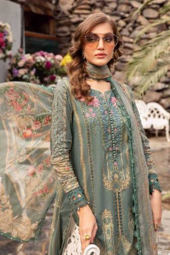 Printed lawn front with heavy embroidered spengle work neckline 