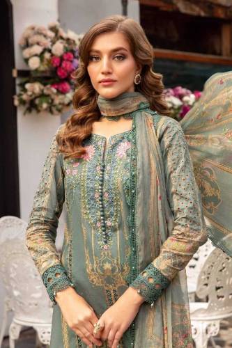 Printed lawn front with heavy embroidered spengle work neckline 