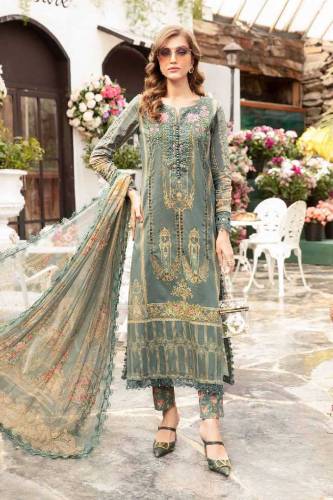 Printed lawn front with heavy embroidered spengle work neckline 