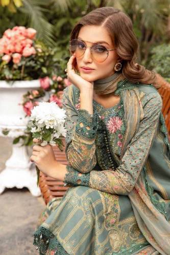 Printed lawn front with heavy embroidered spengle work neckline 