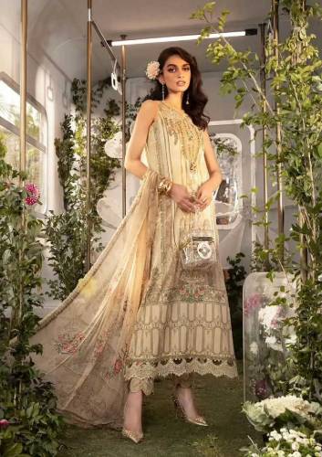 Printed lawn front with heavy embroidered spengle work neckline with h