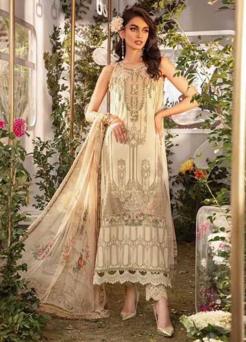 Printed lawn front with heavy embroidered spengle work neckline with h