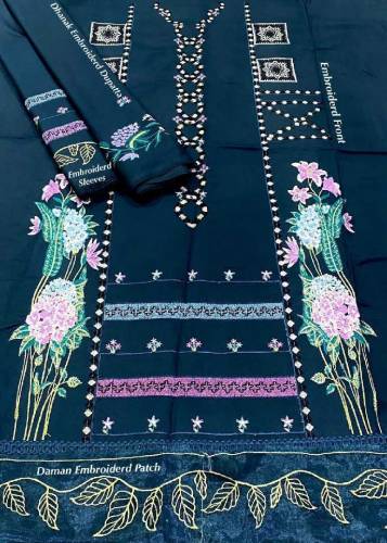 3 Pcs Women'sUnstitched Dhanak EmbroideredSuit