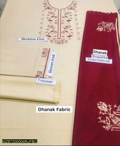 3Pcs woman's Unstitched Dhanak Embroidered suit