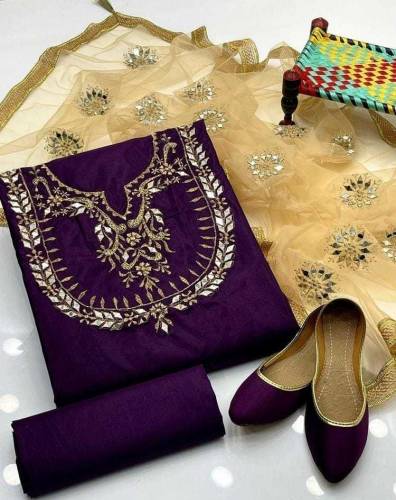 4 Pcs Women's Unstitched Katan Silk Embroidered Suit