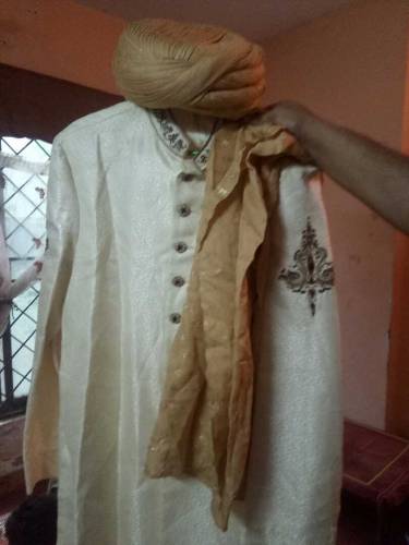 Off white golden sherwani with kula