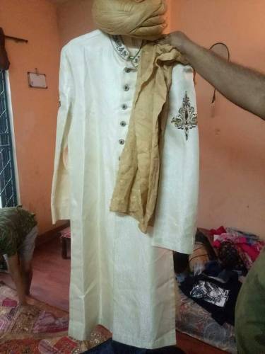 Off white golden sherwani with kula