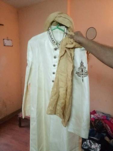 Off white golden sherwani with kula