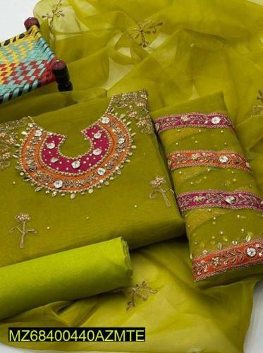 3 pcs woman unstitched fancy organza mirrar work embroidered suit 