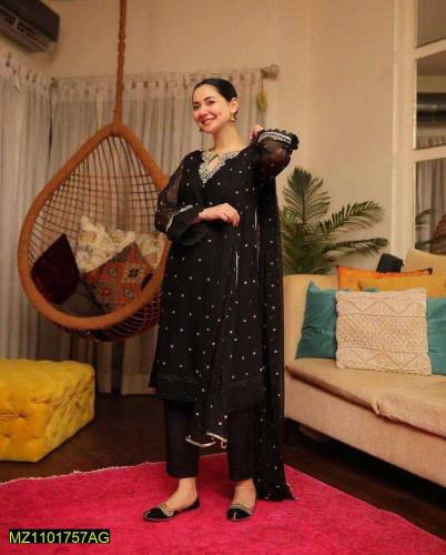 3Pc Women Chiffon Stitched Embroidered Suit.